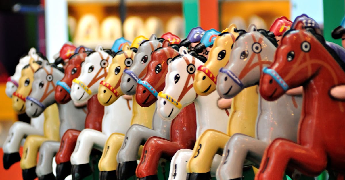 A vibrant line of carousel horses in an amusement park setting, evoking fun and nostalgia.